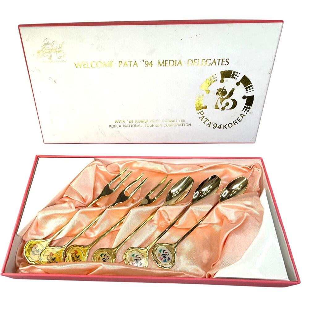 NIB 1994 Korean Gold Plated Stainless Enamel Spoon and Fork Appetizer Set of 6